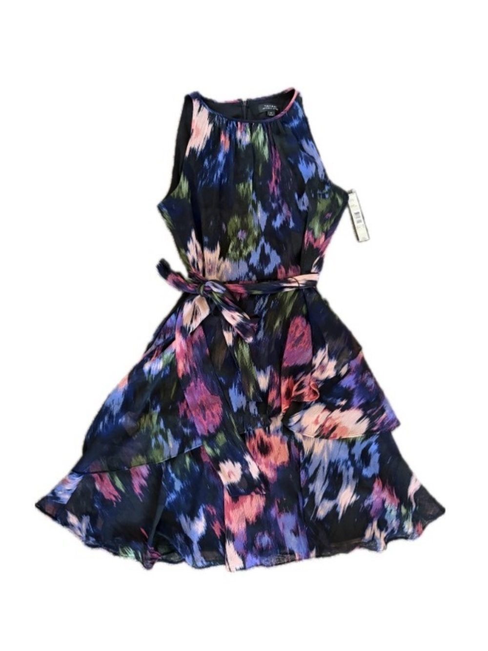 Tahari ASL Navy Multicolor Floral Tiered Belted Dress